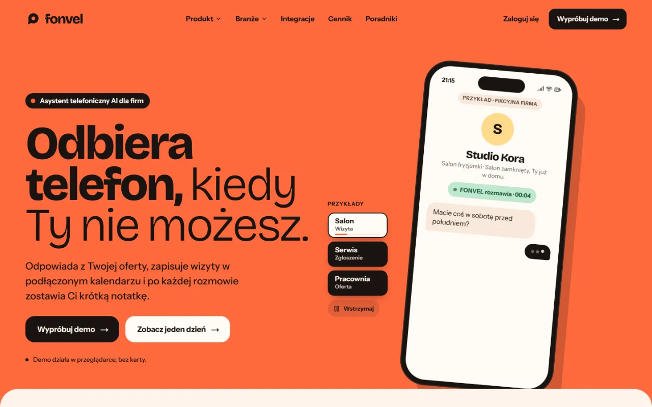 Strona główna Fonvel: telefon z rozmową asystenta AI z klientką salonu fryzjerskiego