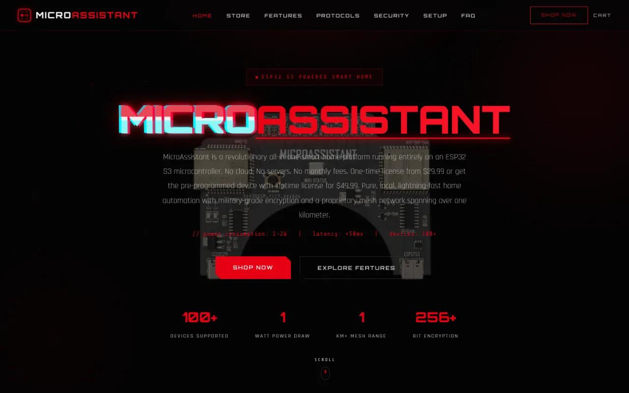 Strona główna MicroAssistant: logo na tle płytki drukowanej z modułami ESP32-S3
